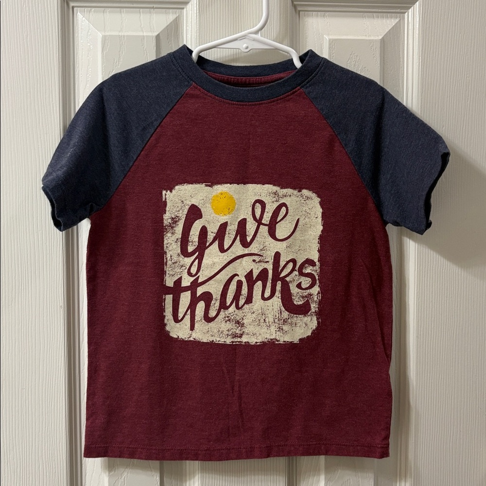 Boys Cat & Jack Maroon and Navy “Give Thanks” Tee.